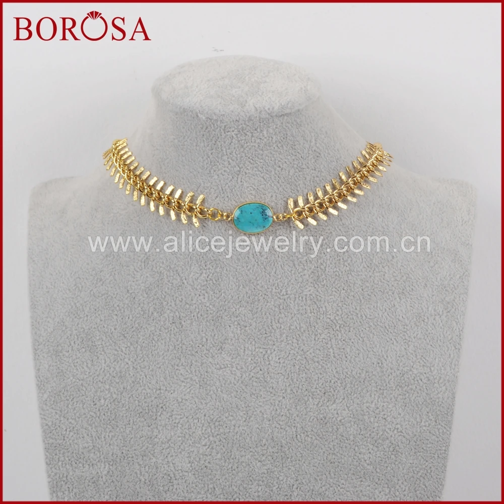 

BOROSA Oval Gold Color Natural Turquoises Necklace for Women Girls,Fashion Drusy Gems Choker Necklace Jewelry ZG0169