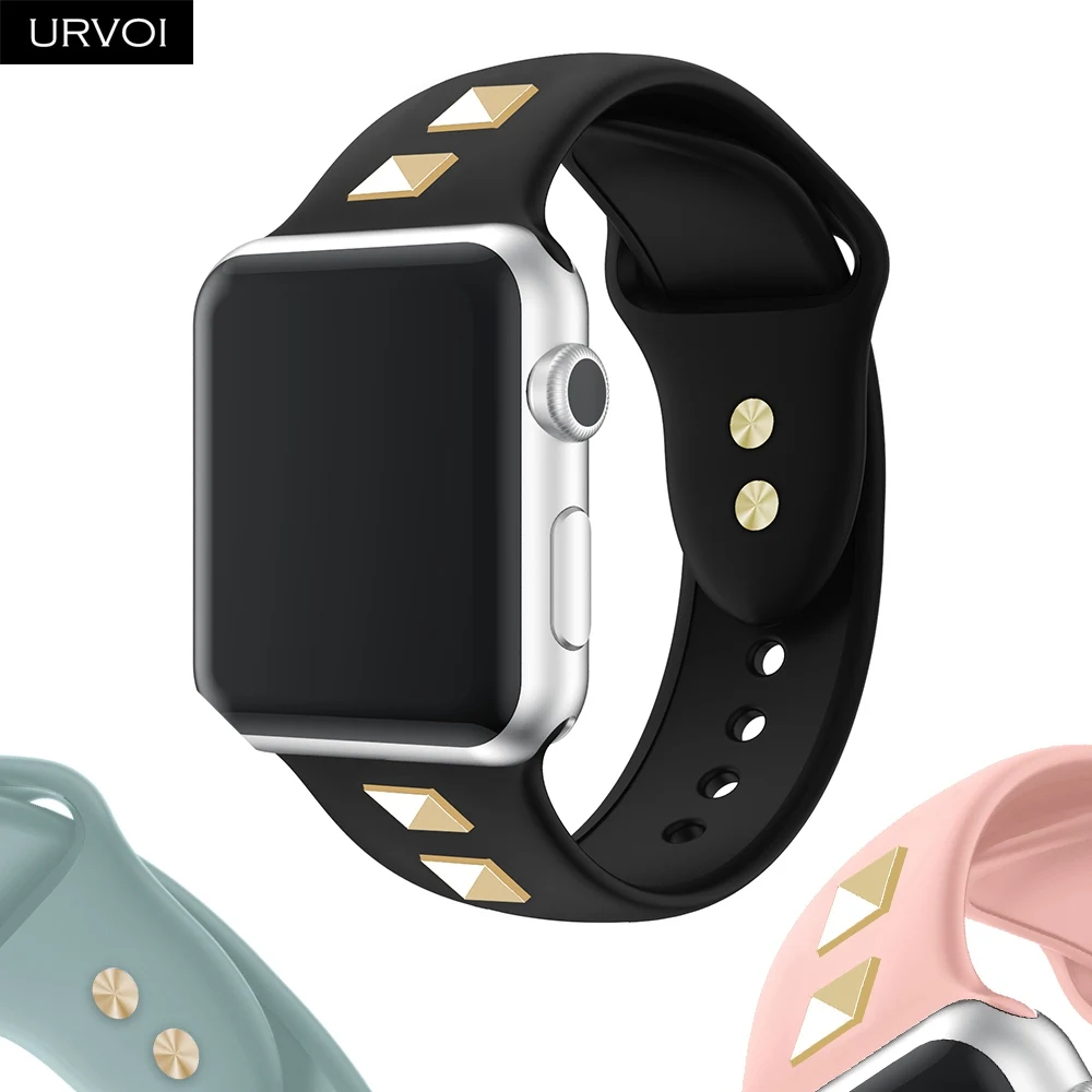 Спортивный ремешок URVOI для Apple Watch series 5 4 3 2 1, силиконовый ремешок с заклепками для iWatch, мягкий Сменный адаптер AW 38 40 42 44 мм