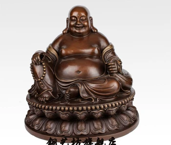 

17" China Bronze Buddhism Happy Maitreya Buddha Sit Hand Hold Bead Statue