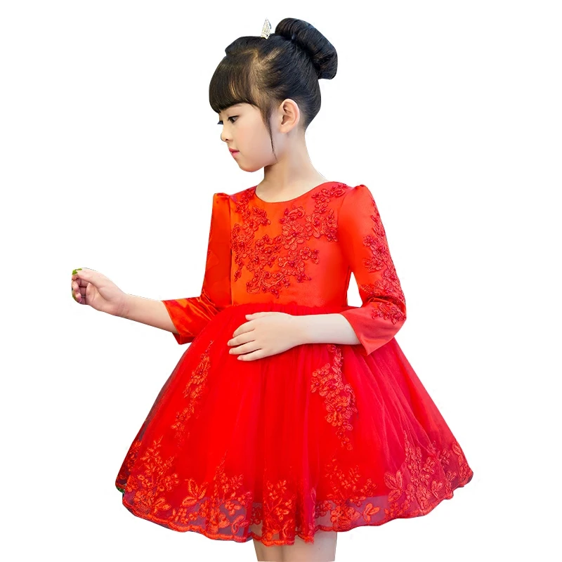

2017 Korean Sweet Girls Embroidery Flowers Dress costume for kids infant Kids clothes White Red Lace Birthday Birthday Dresses
