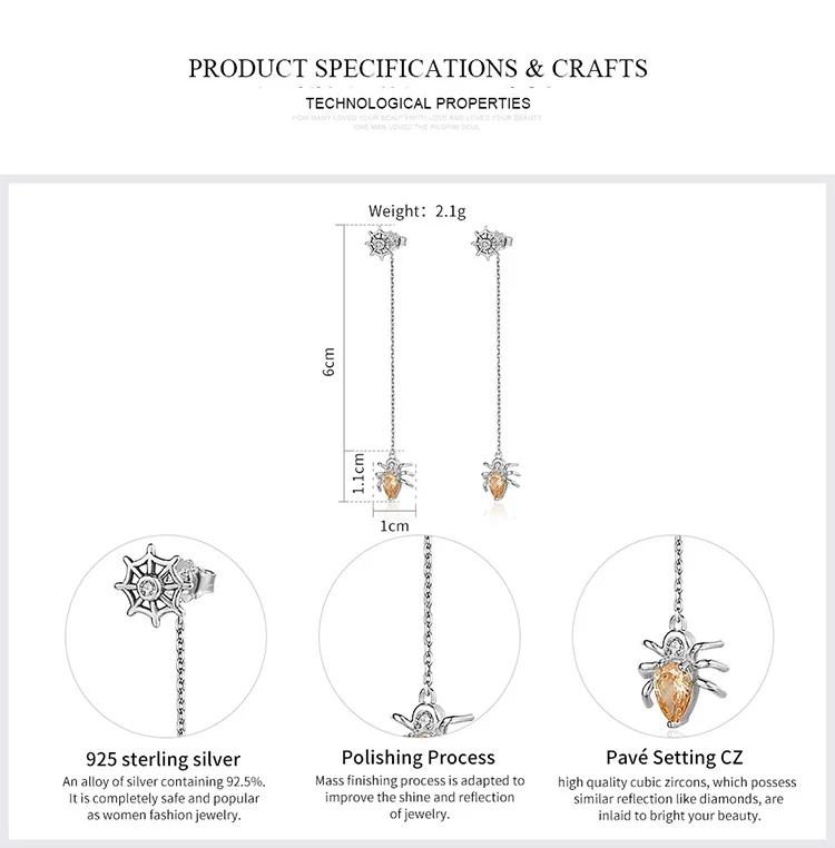 925 пробы серебряные нежные скалолазание насекомые паук длинные висячие серьги для женщин подлинные оригинальные серебряные ювелирные изделия подарок ECE170