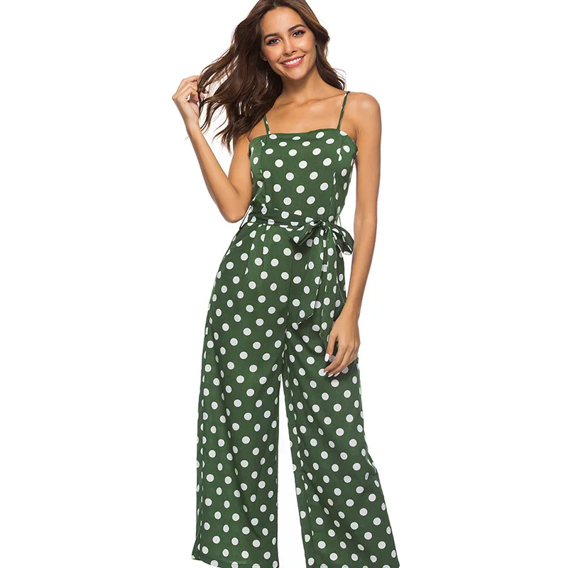 GOPLUS Spring Sashes Bow Polka Dot Vintage Jumpsuit Women Strap High Waist Sleeveless Jumpsuit Lady Wide Leg Jumpsuit Plus Size