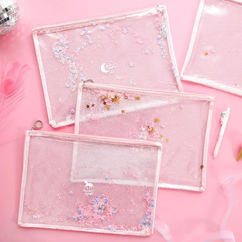 

1 Pcs Kawaii A4 Animal Unicorn Moon Star Sequins Transparent File Bag Document Bags File Folder Stationery Filing Productions