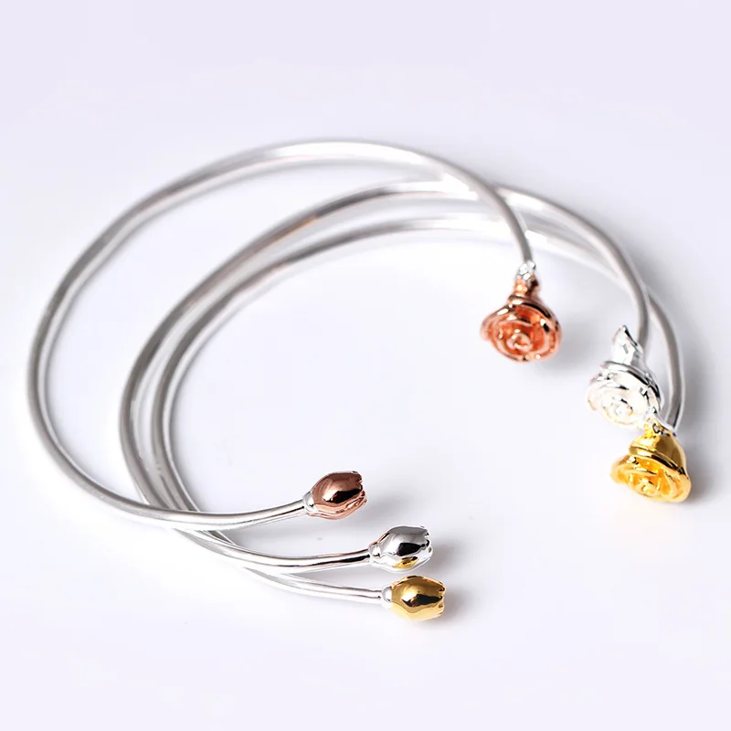rose open bangle golden 100% 925 Sterling silver Jewelry Vintage Adjustable bangles for women Valentine
