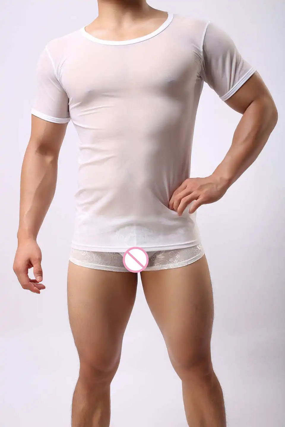 Ультра тонкая майка для мужчин сексуальная с коротким рукавом Круглый вырез Сетчатая футболка прозрачное дышащее нижнее белье