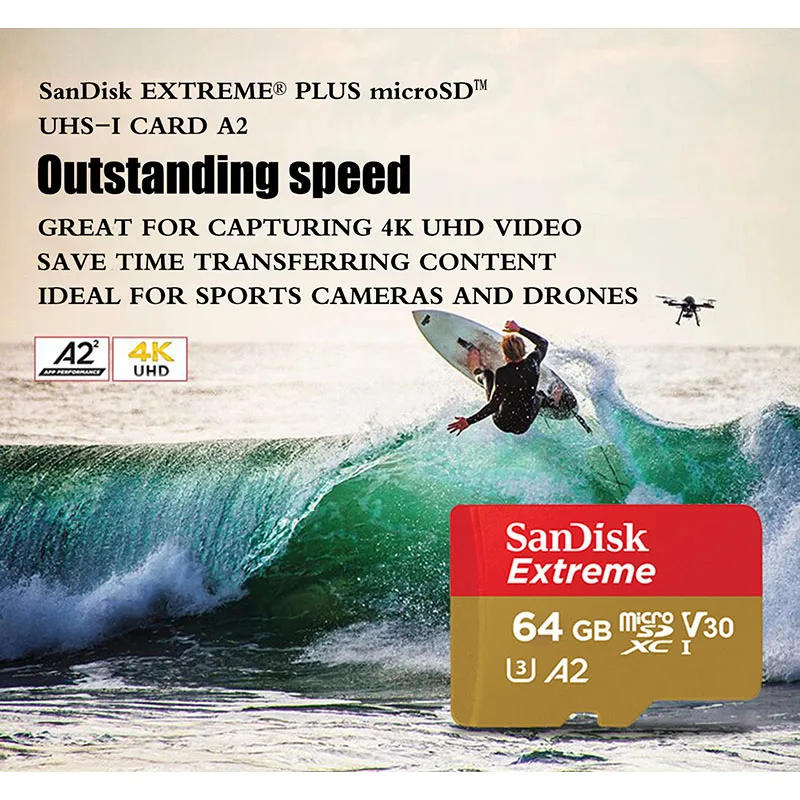 Sandisk Оригинальная карта памяти Extreme Micro SD A2 V30 U3 флэш 64 ГБ 32 TF 128 Гб Microsd Бесплатная
