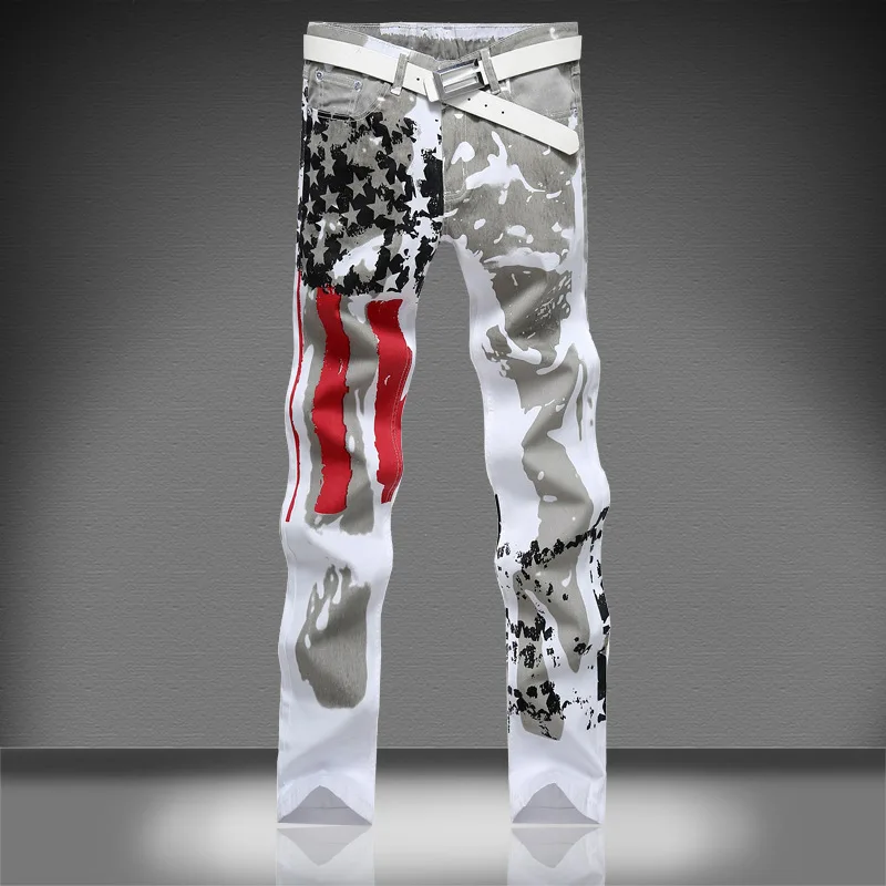 Men/'s Distressed Jeans Slim American Flag Fit Long Pants Trousers Printed Jeans