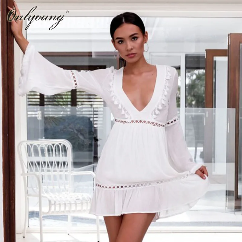 

Onlyoung Sundress 2018 Summer Boho White Dress Mini Short Dress Long Sleeve Pink Tassel Sexy Tunic Beach Dress Robe Femme
