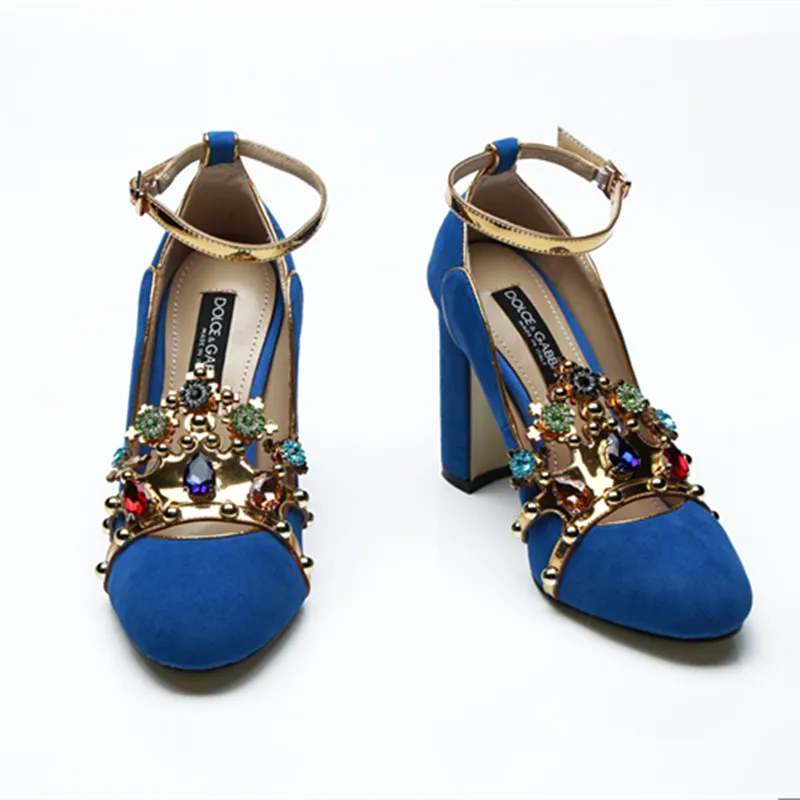 

Blue Crystal Bohemia Suede Hot Chunky Heel Shoes Woman 12CM Buckle Strap Prom Wedding Shoes Fashion Hairball Studded Woman Pumps