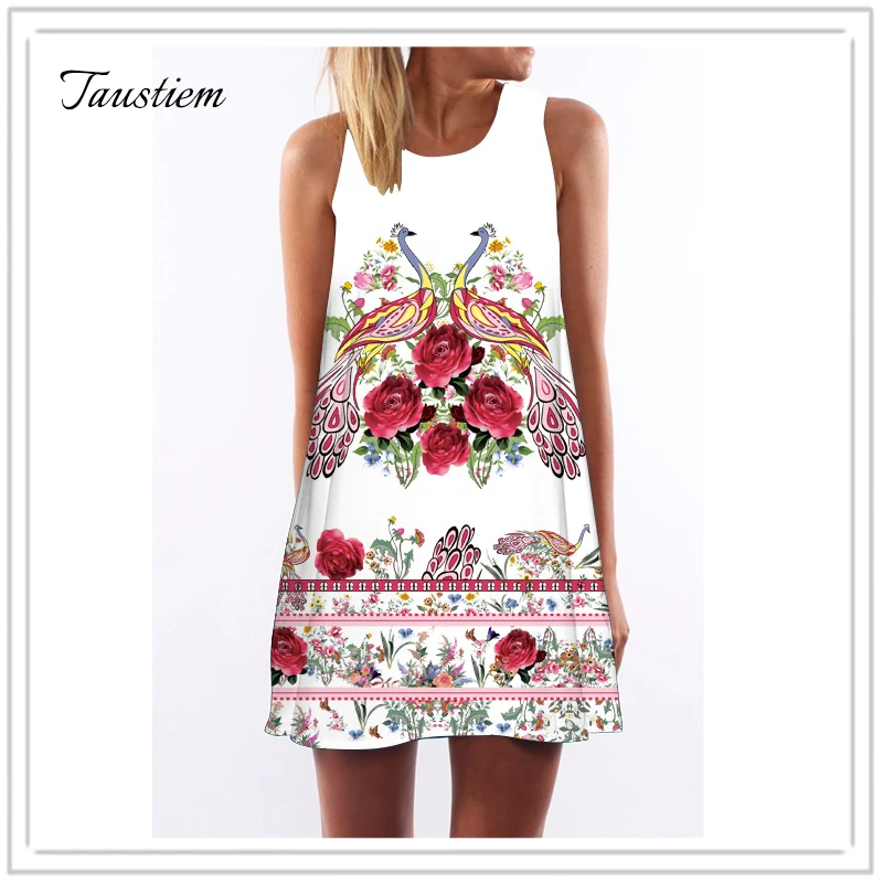 

Taustiem 2019 New Women Sleeveless Short Chiffon Dress Digital Floral Print Casual Dress Summer Style Mini Boho Dress