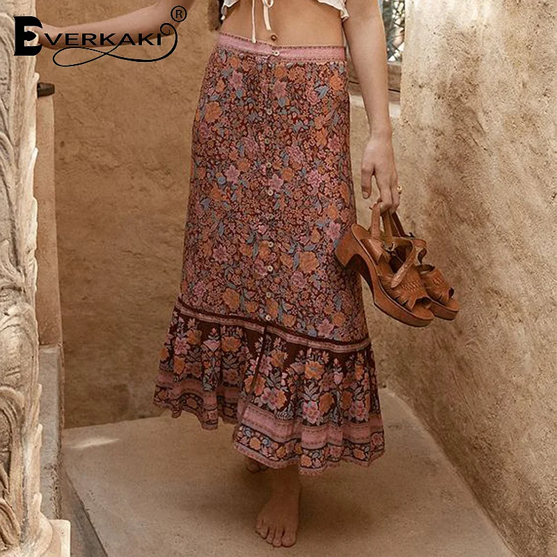 

Everkaki Cotton Bohemian Long Skirts For Women Rosy Red/Green/ Gypsy Floral Pattern Skirt 2019 Printed Boho Pleated Party Skirt