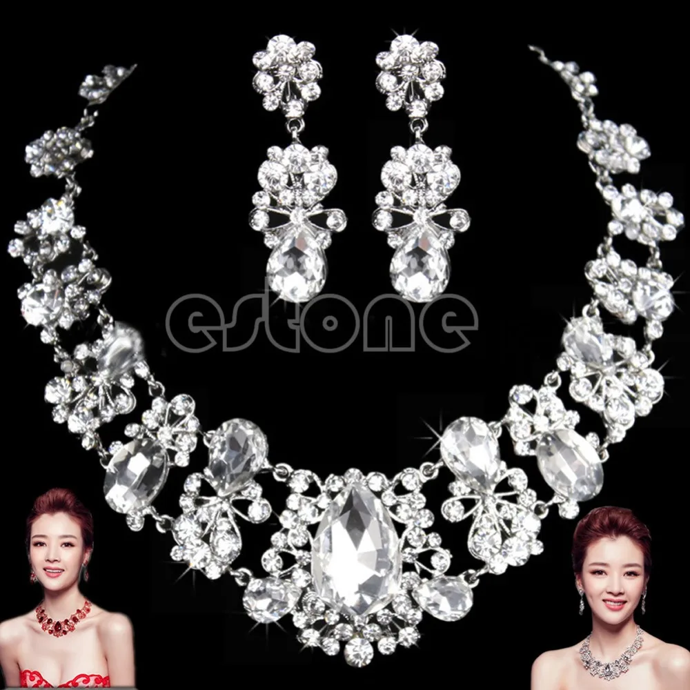 

New Wedding Bridal Silver Red Jewelry Rhinestone Necklace Pendant Earrings Set