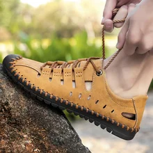 Сандалии из натуральной кожи со шнуровкой мужские повседневные Бархатные кроссовки обувь для пляжного отдыха с пряжкой; мужские сандалии для отдыха на резиновой подошве