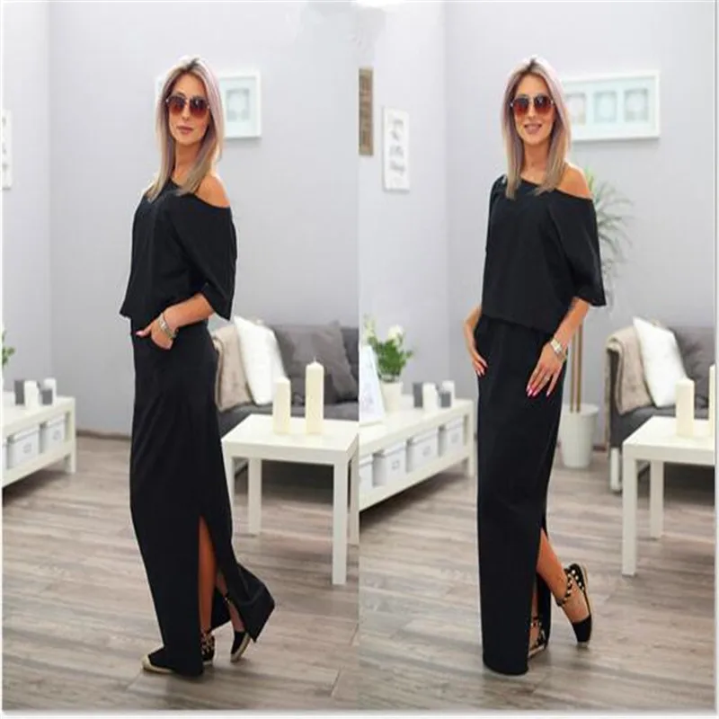 Dress Long Half Sleeve Slash Neck Off Shoulder Sexy Summer Loose Casual Solid Color Ankle-length Straight Dresses Vestidos