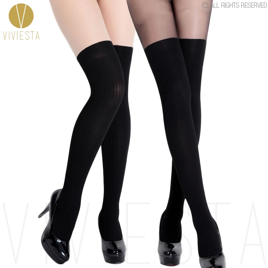 Mock Over The Knee Ribbed Tights 120d 30d Women Compression Vintage Sexy Stripe Fake Thigh High