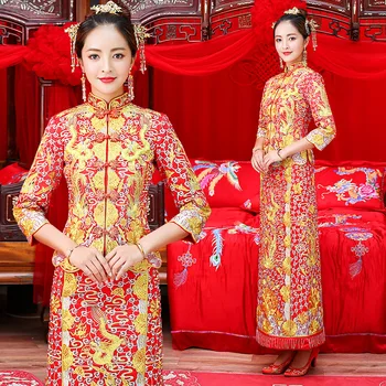 

Ancient Wedding Dress Classic Women Dragon&Phoenix Cheongsam Vintage Chinese Bride Embroidery Qipao Overseas Marriage Suit