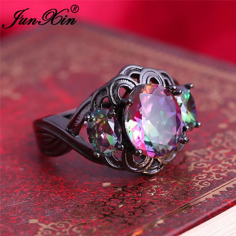 JUNXIN Mystical Fire Birthstone Antique Rings For Women Men Black Gold Oval Rainbow Zircon Big Wedding Finger Ring Female Male