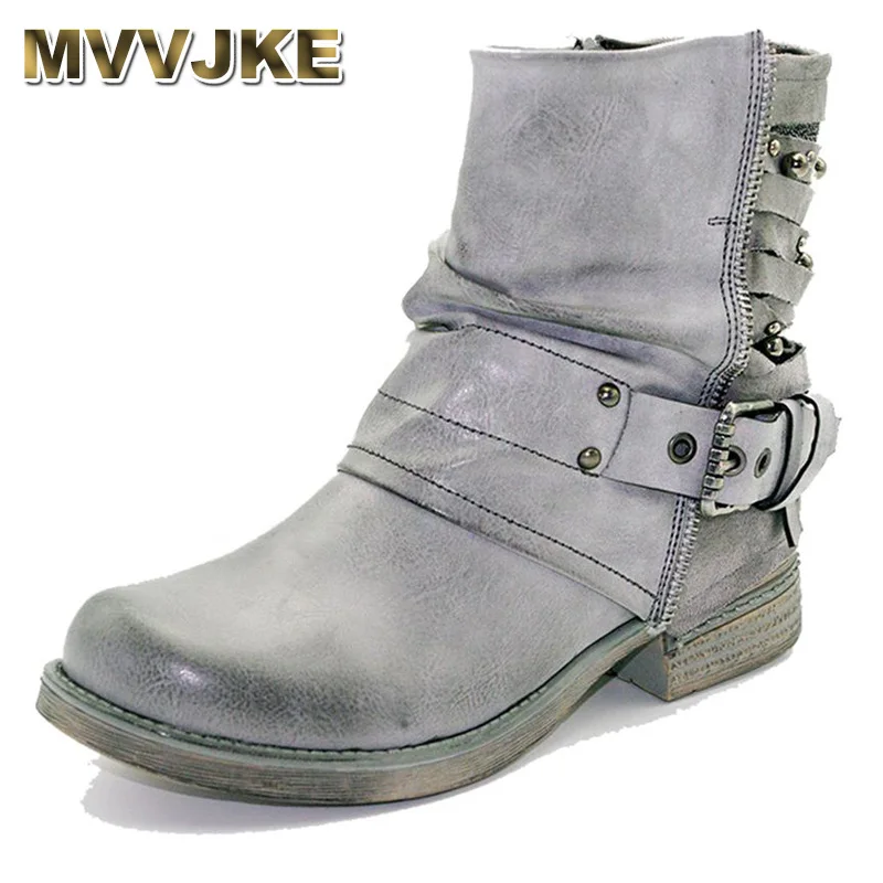 MVVJKE Handmade Rivet Leather Ladies Ankle Boots Winter Fashion Short Plush Zip Buckle Western Motorcycle Strap Punk E167 | Обувь