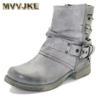 

MVVJKE Handmade Rivet Leather Ladies Ankle Boots Winter Fashion Short Plush Zip Buckle Western Boots Motorcycle Strap Punk E167