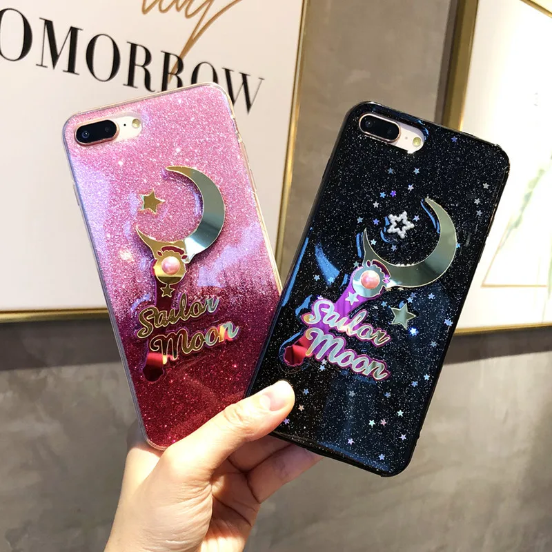 

Kawaii Sailor Moon luna glitter Sequin Phone Case For iPhone cover X luxury fashion star Silicone Case For coque iPhone 8 7 plus