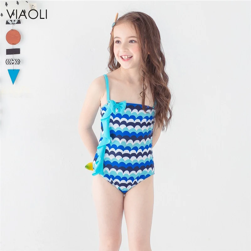 VIAOLI/ новое летнее детское платье, купальник, цельный однотонный лоскутное боди, детский пляжный купальник