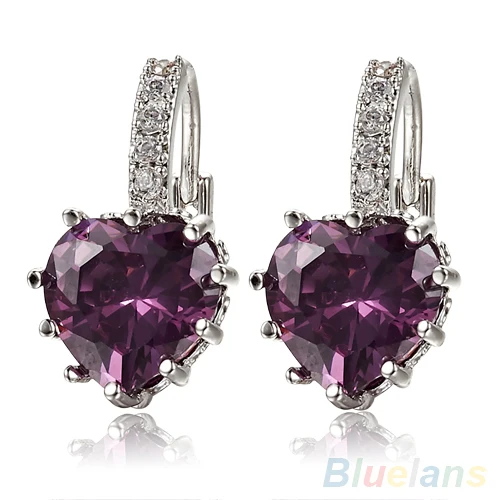 

2016 Women's White Purple Heart Shaped Rhinestone Leverback Earrings ARVV