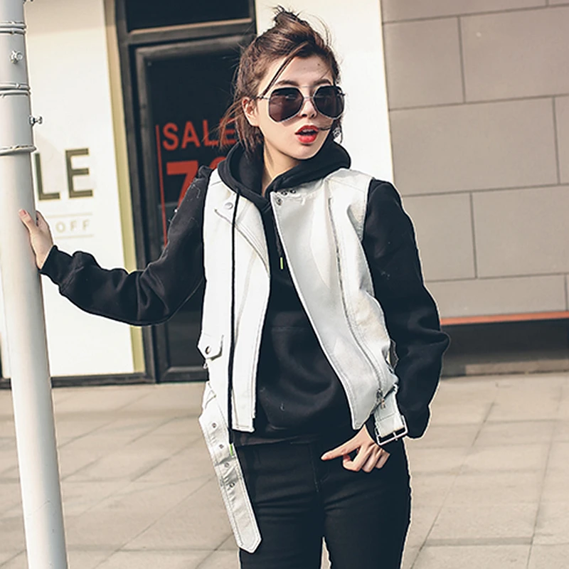 Colete de couro Das Mulheres Rebites Turn down Collar Zíper Mangas Caixilhos Estilo Punk Clássico Colete 2 Cores PU Tecido Novo moda