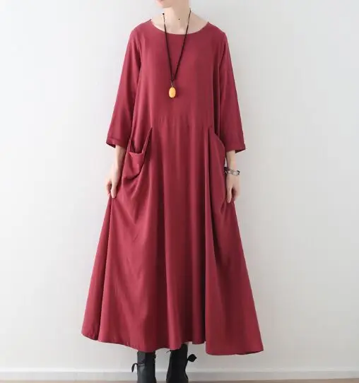 Plus Size Women Solid Black Red Dress Pockets Autumn New Casual Cotton Linen Loose O-Neck Vintage Long Sleeve Maxi Dress - Цвет: red