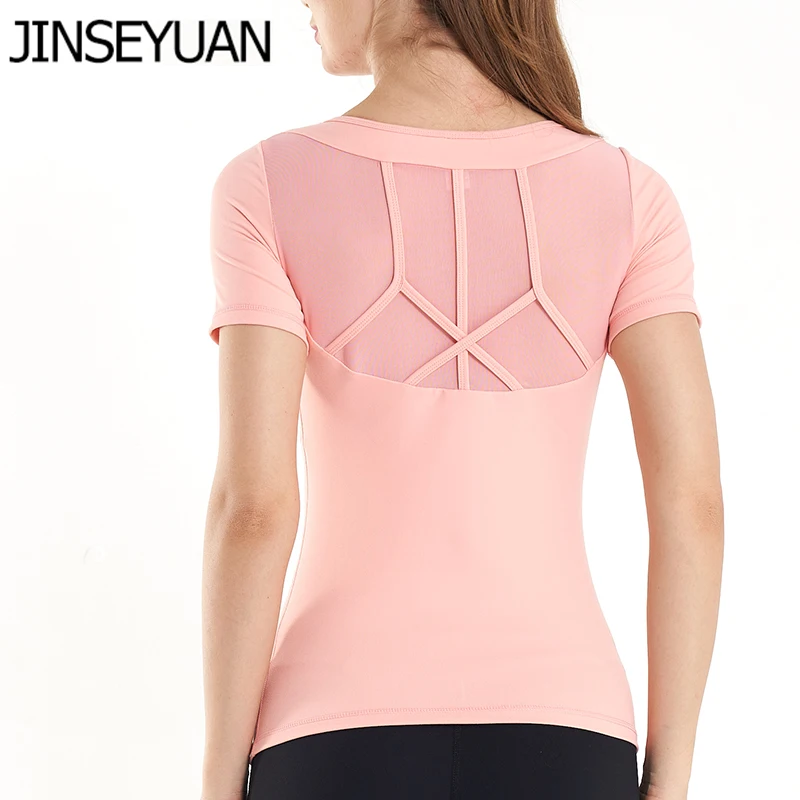 JINSEYUAN новинка профессиональные топы для йоги женские короткий рукав круглый