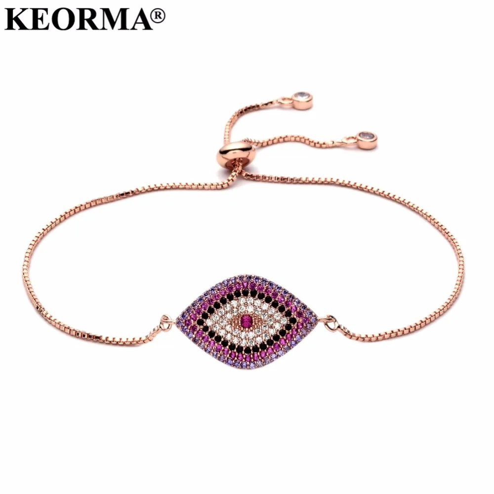 KEORMA Luxury Full Cubic Zirconia Crystal Pave Eye Charm Bracelet for Women Adjustable Slider Turkish Jewelry XM079 | Украшения и