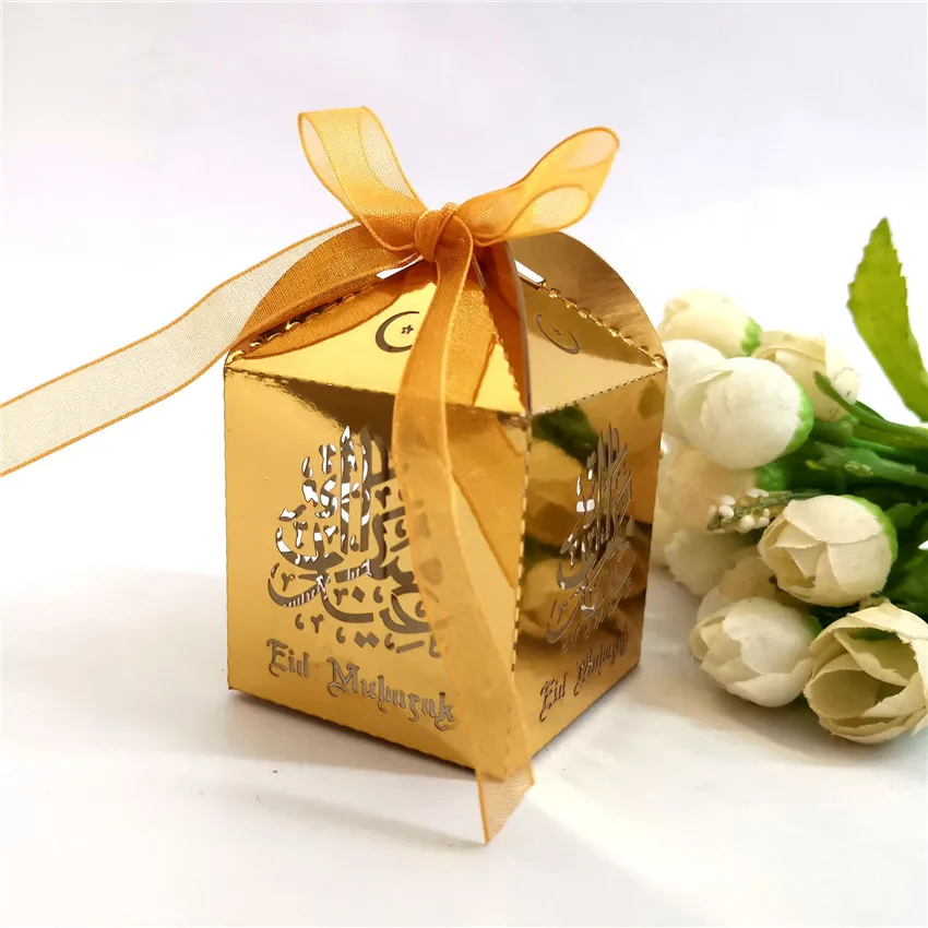 

10pcs Gold Silver Black EID Mubarak Gift Boxes Laser Cut Hollow Candy Box For Islamic EID Ramadan gift Party Supplies