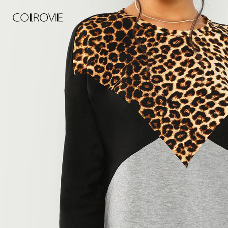 COLROVIE, Леопардовый Повседневный пуловер с вырезами и швами, женские толстовки с капюшоном, Женская толстовка, осень, женская уличная одежда, свитшоты