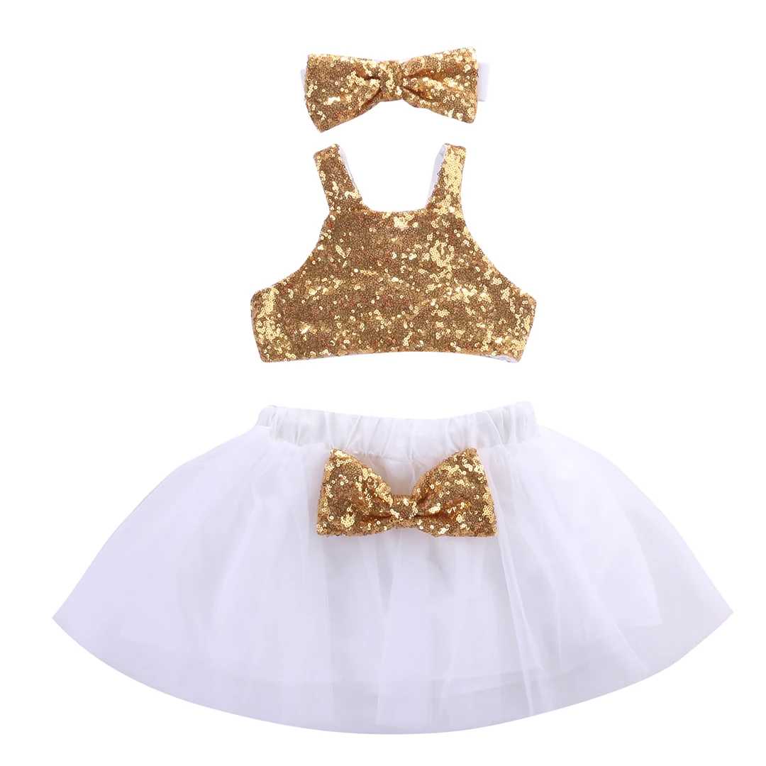 Одежда принцессы для маленьких девочек топы с блестками + головной убор-пачка с бантом, комплект из 3 предметов детское праздничное платье
