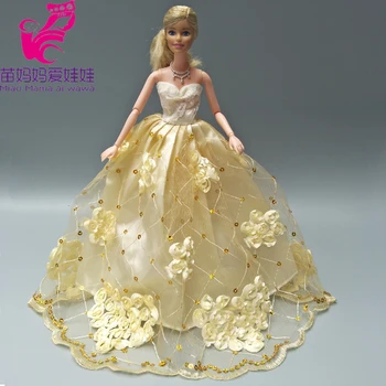 

Golden color bride dress for barbie doll flower wedding dress with veil doll accessories