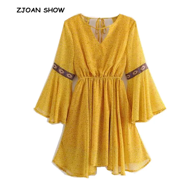 

Bohemian Print Floral Hollow Out Backless Dress Spliced Embroidery Flare Sleeve Lace up Back Short Dresses Holiday Beach Vestido