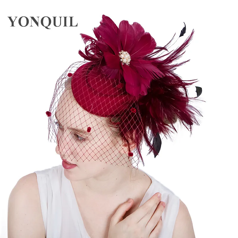 19 цвета доступны перо цветок повязка на голову заколки Элегантный Женская Вуаль Свадебные шерсть чародей шляпа аксессуары для волос SYF154