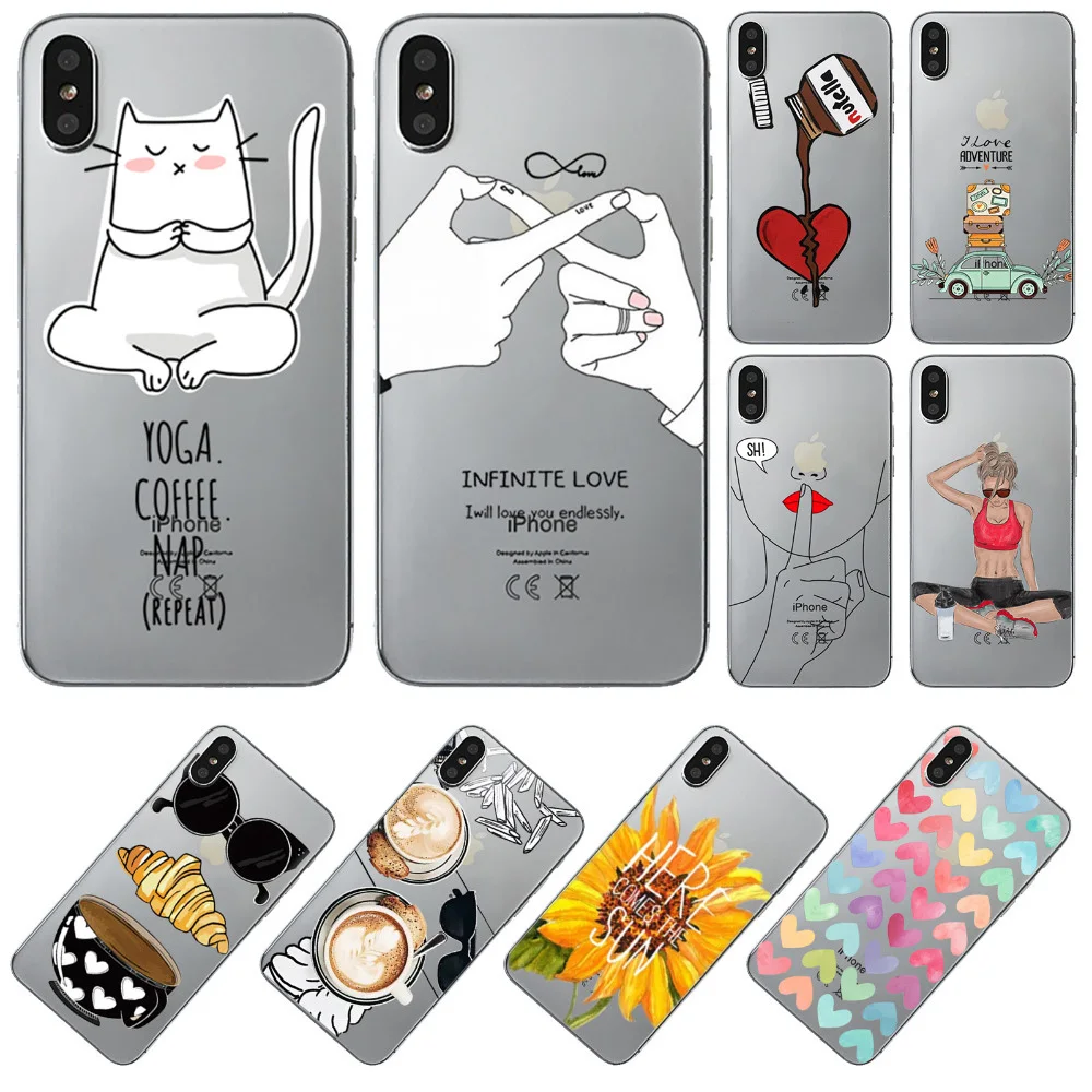 Soft Phone Cases For iPhone X 10 Beautiful Girl Cute Cat Love Heart Coffee Illustration Back Cover Shell Capa for Apple |
