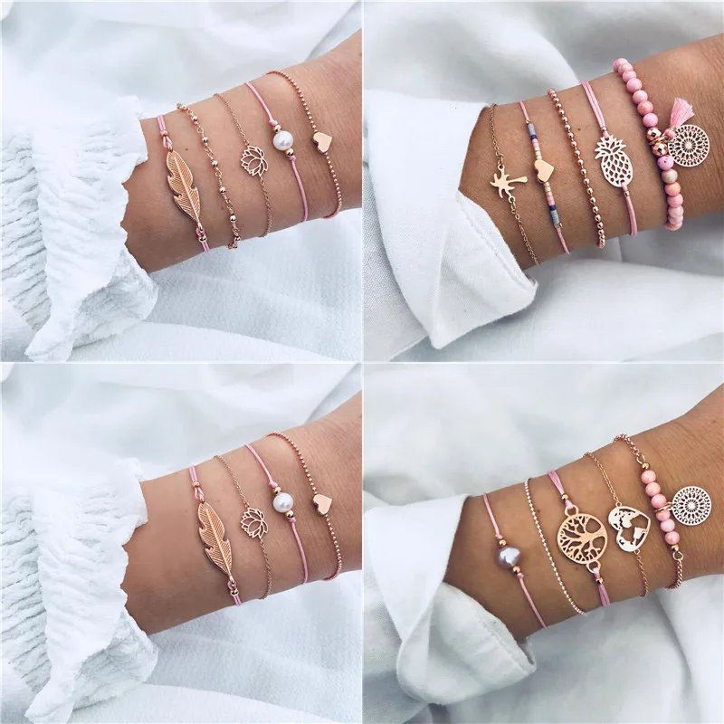 

Modyle 2019 New Bohemia Heart Feather Bracelet Sets For Women Weave Pink Rope Chain Bracelets Bangles Wholesale