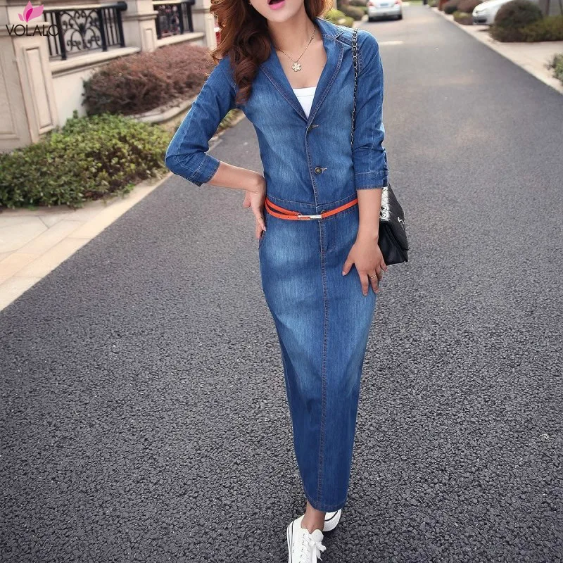 

VOLALO Women Denim Dress 2023 Women Dress Brand Clothing Summer Spring Dress Robe Femme Vestidos Casual Dresses With Belt