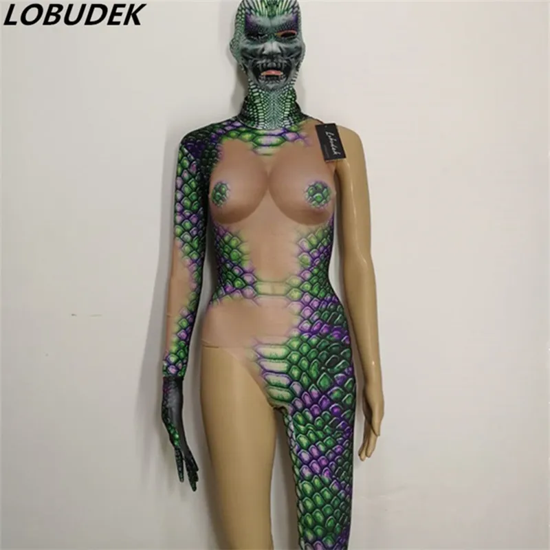 

Halloween Men Women Bar Cartoon Role costumes Nightclub Cosplay performance dance suit 3D snake printing jumpsuit Stretch Romper