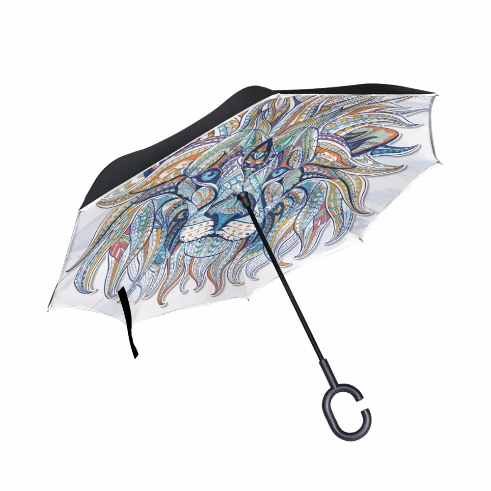 

Windproof Reverse Umbrella With Geometry Element Lion Face C-Hook Double Layer Long Shank Inverted Customized Rain Protection