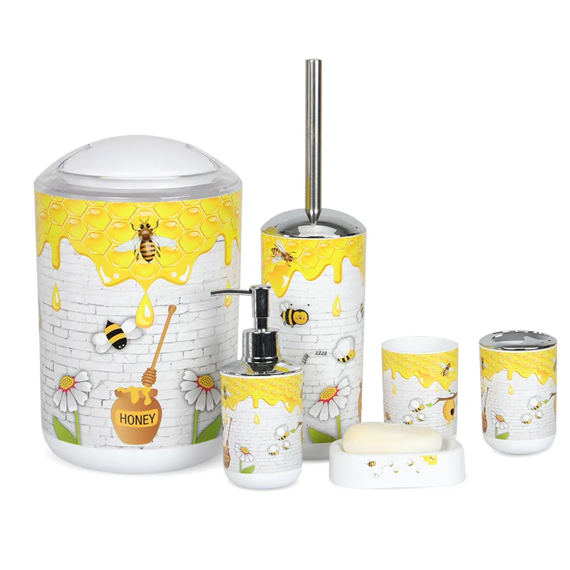 Nordic 6pcs/set Printing Bathroom Accessory Set Lotion Dispenser Toothbrush Holder Tumbler Cup Soap Dish Toilet Brush Trash Can Nordic 6pcs/set Printing Bathroom Accessory Set Lotion Dispenser Toothbrush Holder Tumbler Cup Soap Dish Toilet Brush Trash Can