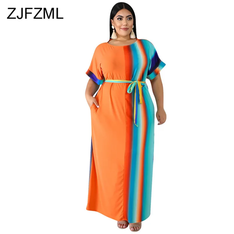 

Rainbow Gradient Sexy Plus Size Dress Women Round Neck Short Sleeve Long Maxi Dress Summer High Waist Sash Boho Beach Robe Femme