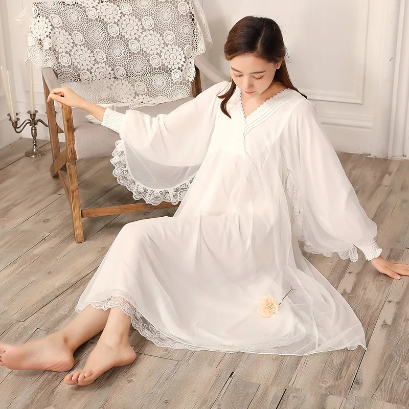 Длинное платье для сна для беременных женщин, ночная рубашка с длинным рукавом, ночная рубашка для беременных, элегантные винтажные ночные рубашки, кружевное домашнее платье CA242