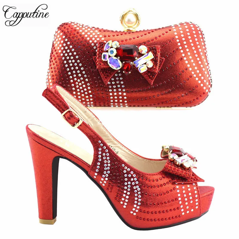 

High Quality Elegant Ladies Red Color Shoes And Bag Set African Style High Heels Shoes And Evening Bag Set For Party TX-198