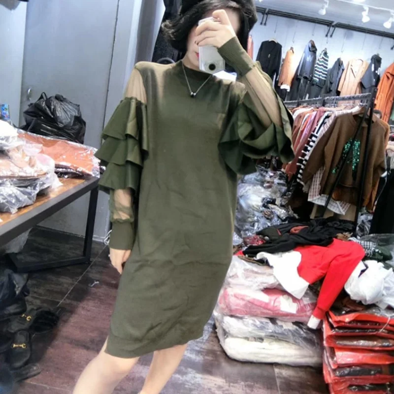 

Amolapha Women Casual Solid Dress Layer Ruffled Long Sleeve Mesh Patchwork Female Woman Knitted Dresses