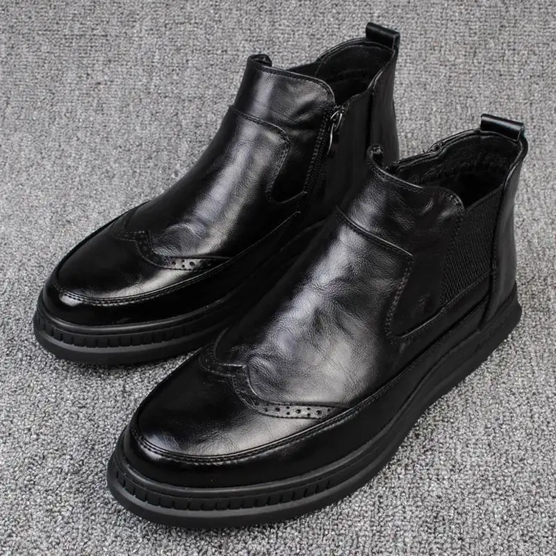 

British Mens Fashion Round Toe High Top Brogue Shoes Designer Slip On Chelsea Short Ankle Boot For Man Black Martin Boot
