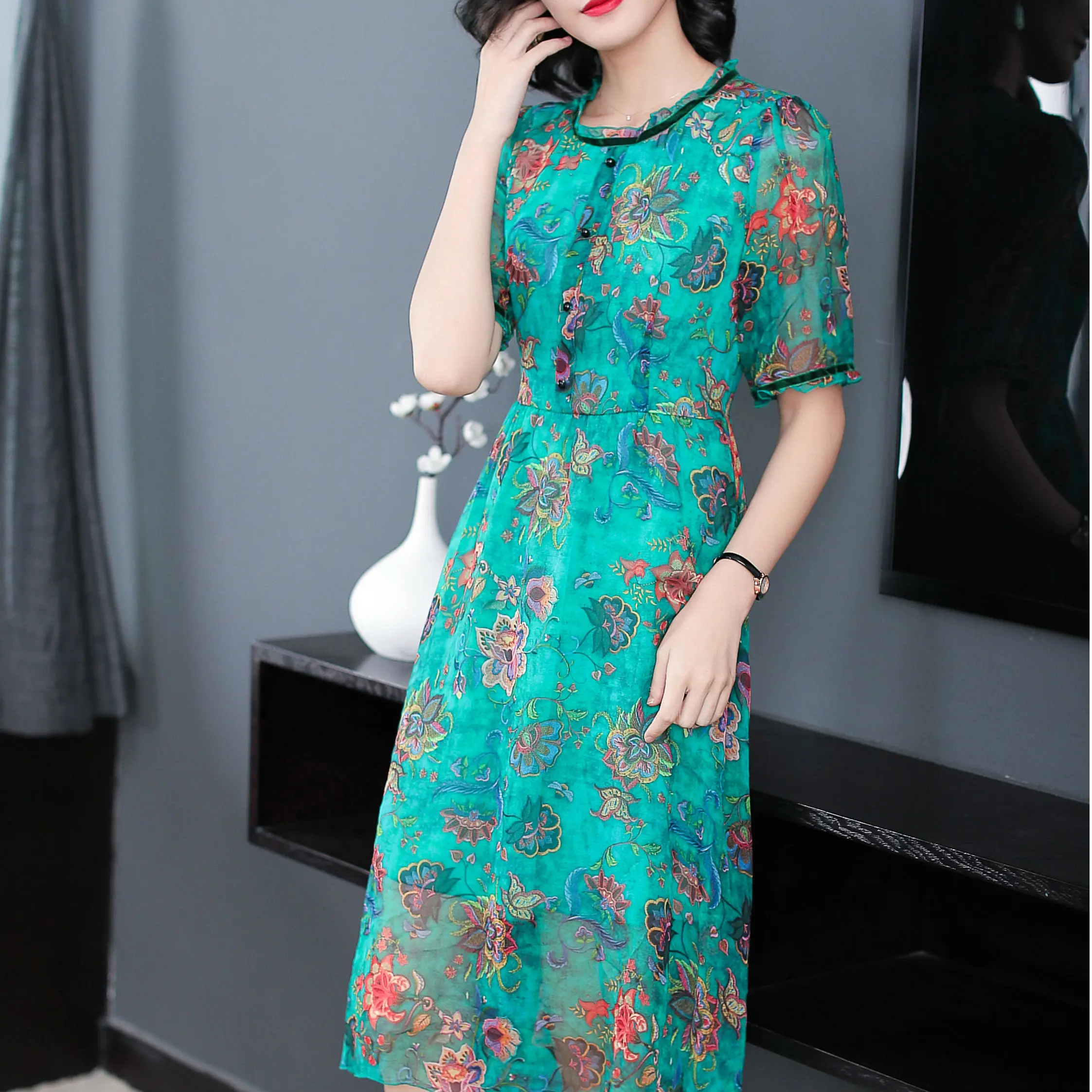 

Green real mulberry 100% silk dress for women high quality plus size floral 2019 summer party dresses robe midi elegant clothing