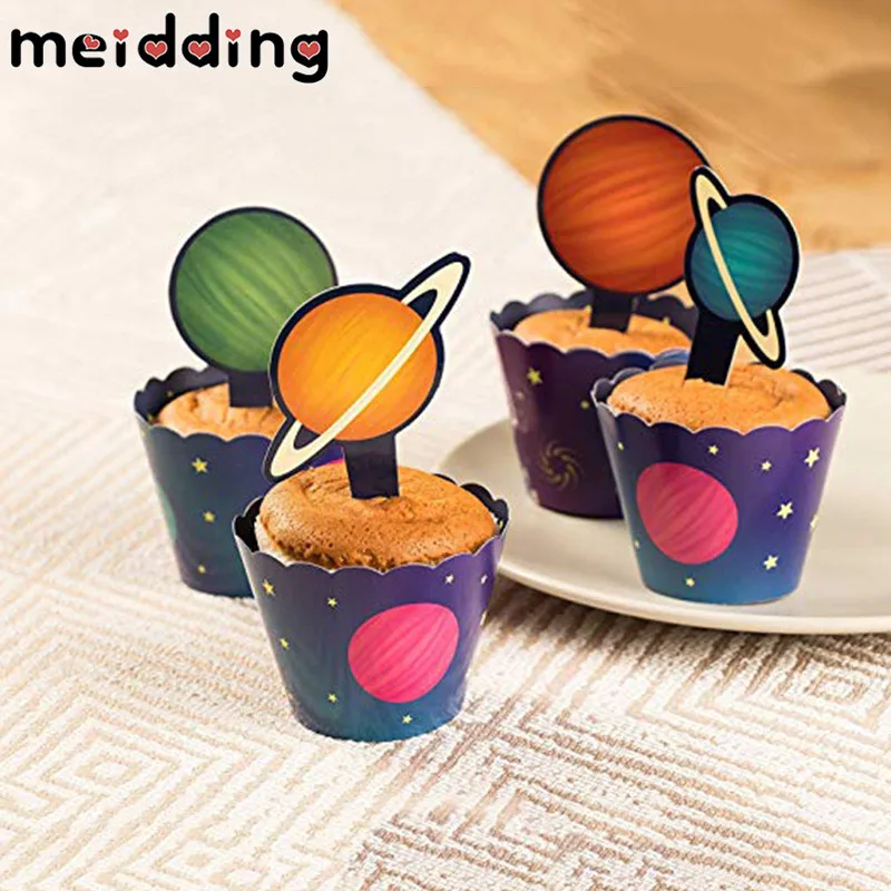 

Outer Space Solar System Cupcake Topper Wrapper Happy Birthday Party Spaceship Astronaut Rocket Robot Theme Party Cake Decor