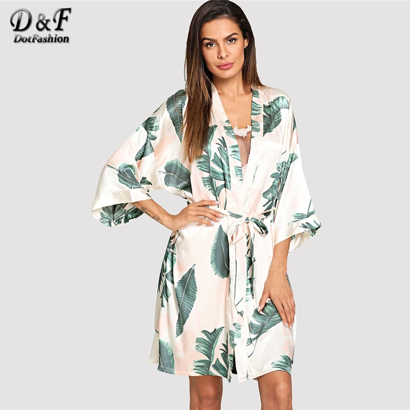 

Dotfashion Tropical Print Self Tie Robe Pajamas For Women 2019 Summer Casual Sleepwear Spring V Neck Half Sleeve Dressing Gown